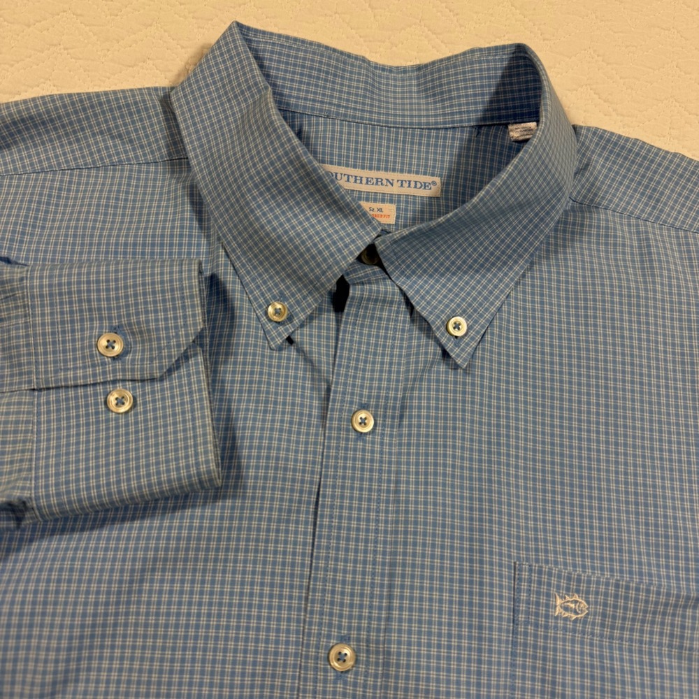 Southern‎ Tide Button Down Women XL Blue Preppy Tailored Fit Micro Check EUC
